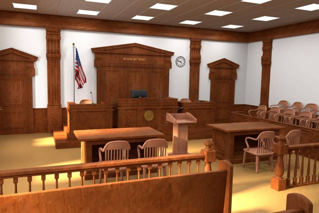 A 3D rendering of an empty courtroom. Everything is wooden.