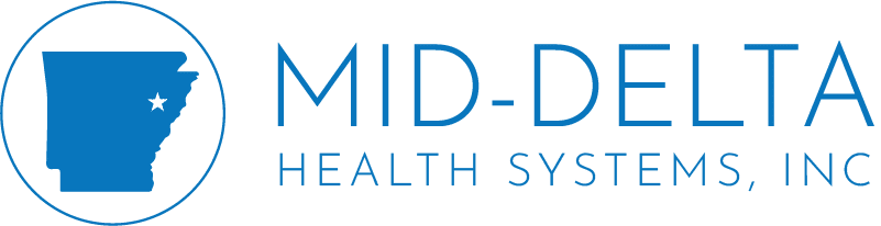 The Mid-Delta Health Systems logo. There is a filled-blue outline of the state of Arkansas with a white star in the top right corner of the state. There is a thin blue ring around the state. The words "Mid-Delta Health Systems, INC" are to the right of the state.